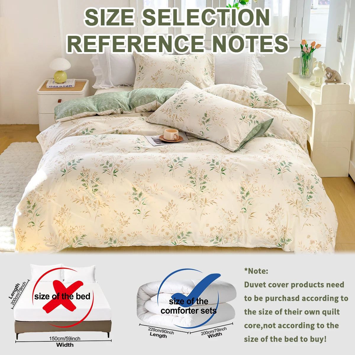 Reference notes for size selection showing the dimensions of a bed and comforter sets