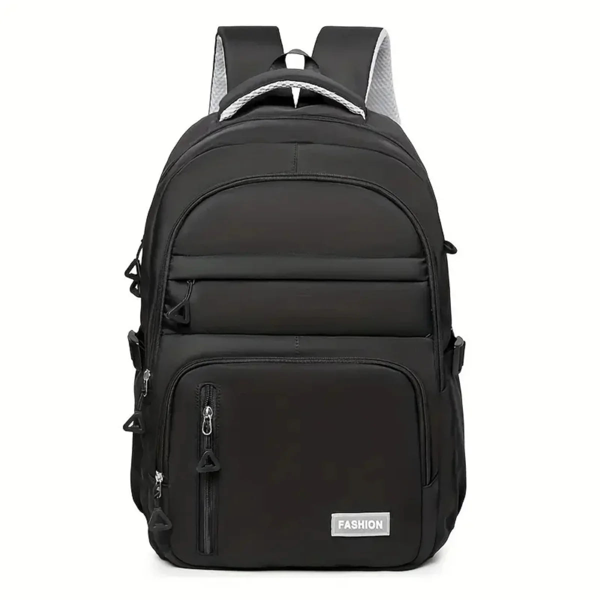 A black backpack with gray accents is shown from the back view.