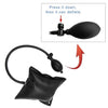 A black inflatable air wedge tool with a hose and a rubber-like suction cup is shown next to an instruction diagram.