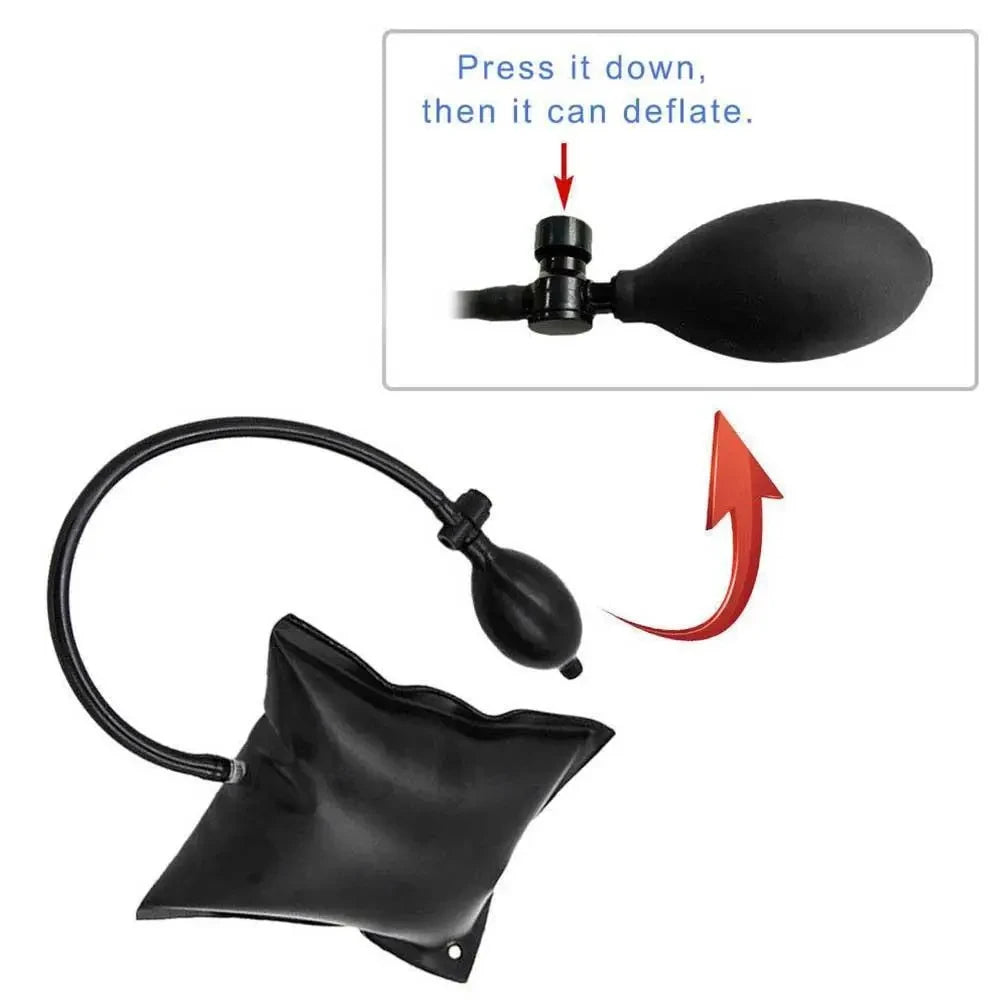 A black inflatable air wedge tool with a hose and a rubber-like suction cup is shown next to an instruction diagram.