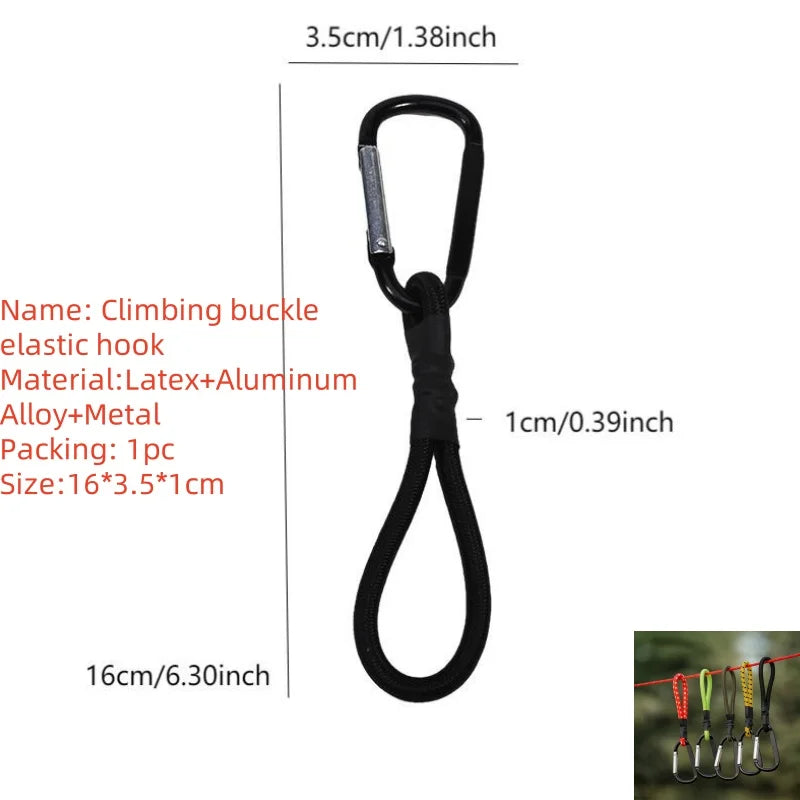 A black climbing buckle elastic hook product with dimensions 16cm long.