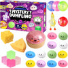 A box of Mystery Dumpling squishy stress relief toys featuring various colored and shaped dumplings.