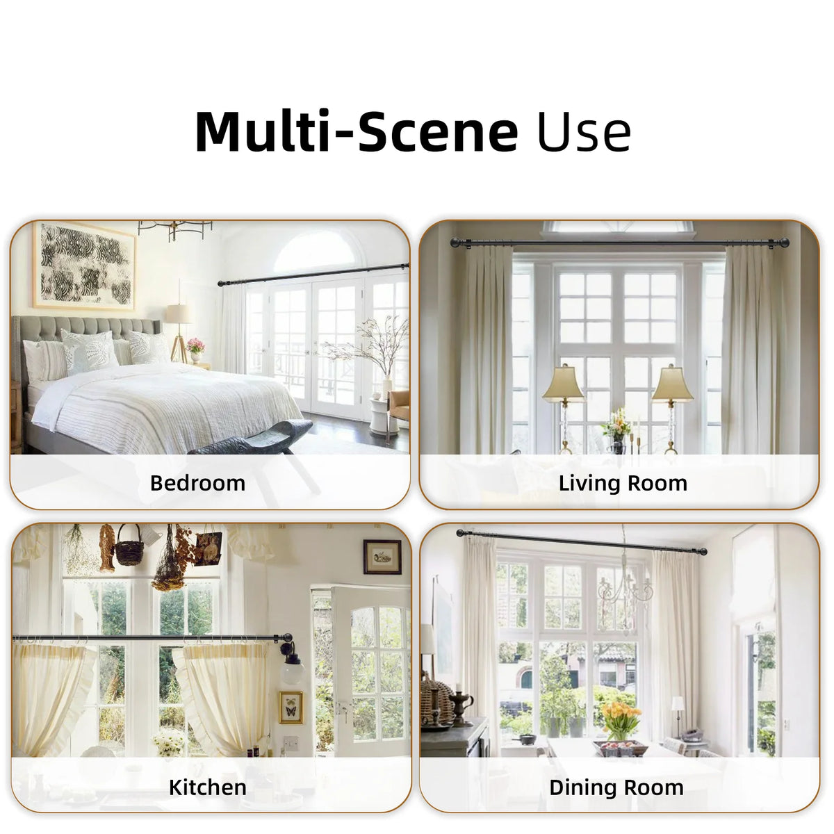 Multi-scene use of a matte black decorative curtain rod shown in bedroom, living room, kitchen, and dining room settings.