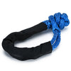 Black recovery ring with a protective sleeve attached to a blue synthetic winch rope.
