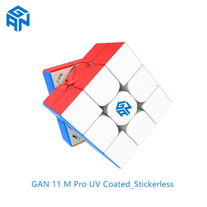 A red and white GAN 11 M Pro UV coated stickerless magnetic speed cube shown from above.