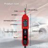 A red digital car circuit tester with a probe, LED lights, LCD display, power switch, and buzzer is shown against a snowy out