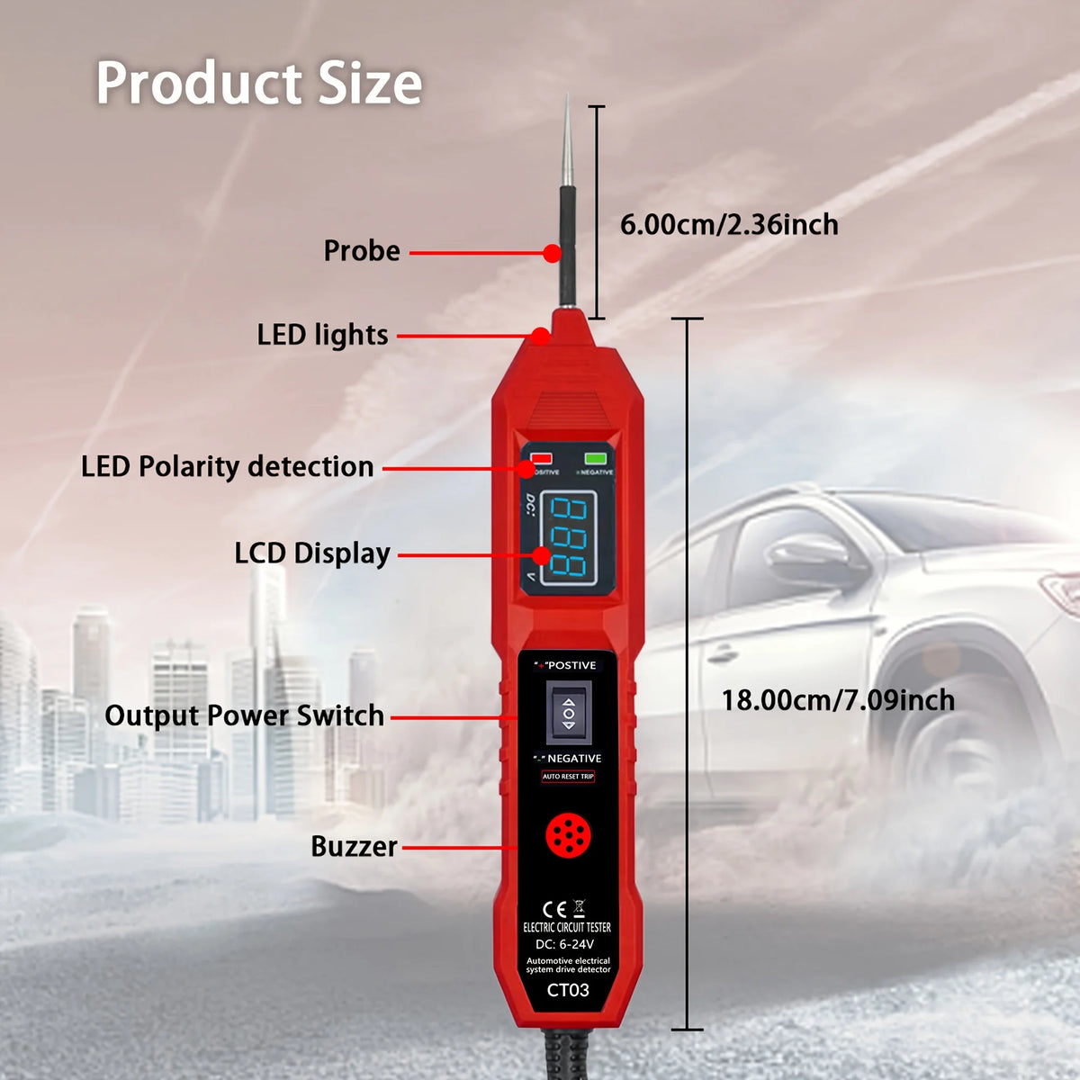 A red digital car circuit tester with a probe, LED lights, LCD display, power switch, and buzzer is shown against a snowy out