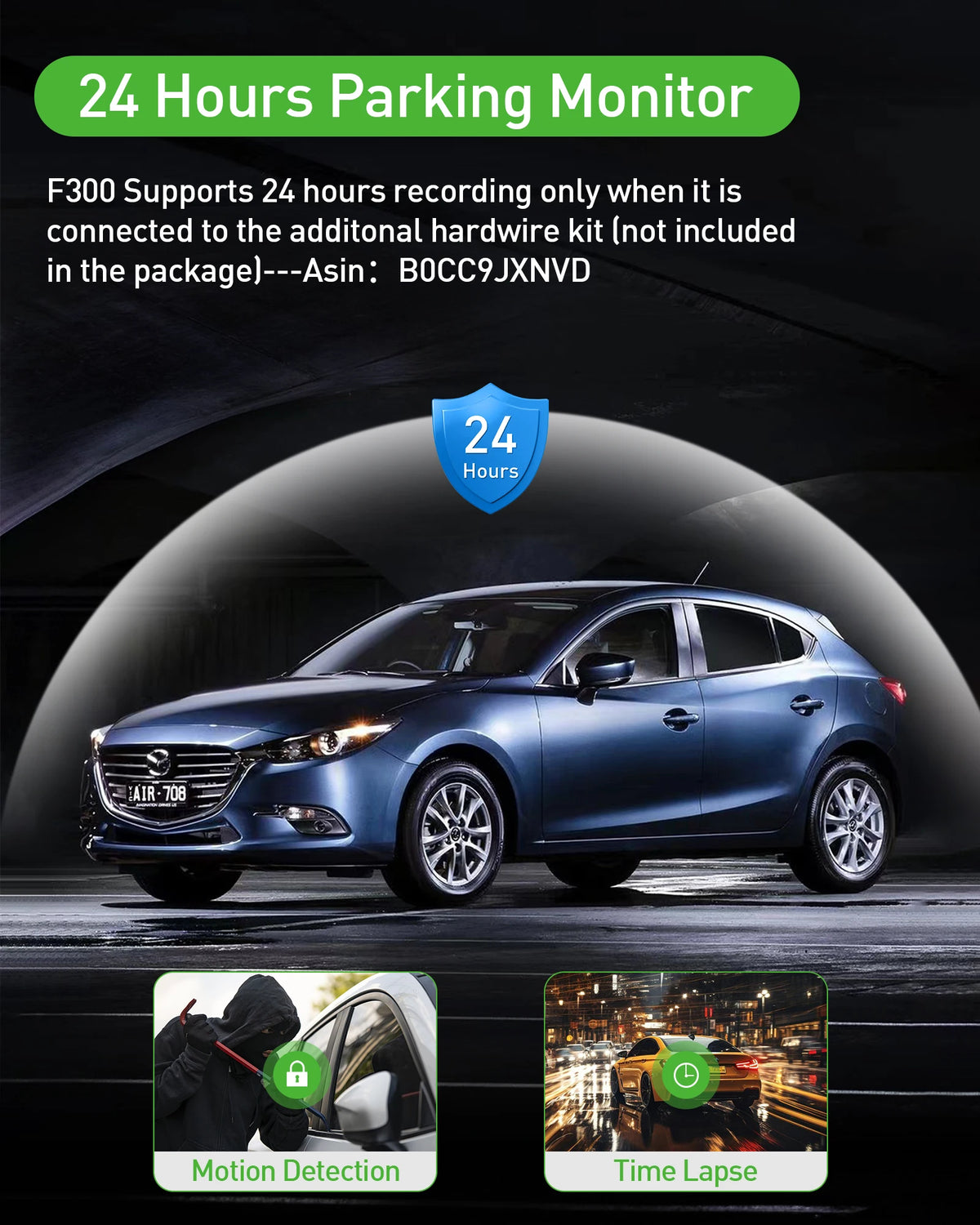 A blue Mazda CX-5 SUV is shown with a 24 Hours Parking Monitor system installed, featuring motion detection and time lapse re