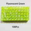 A bulk pack of 100 fluorescent green acrylic D6 dice for games and crafts.