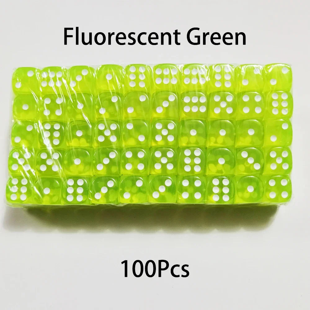 A bulk pack of 100 fluorescent green acrylic D6 dice for games and crafts.