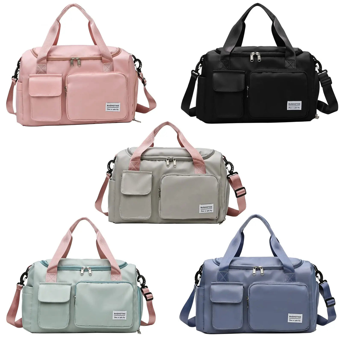 A collection of four waterproof travel duffle bags in pink, black, beige, and blue.