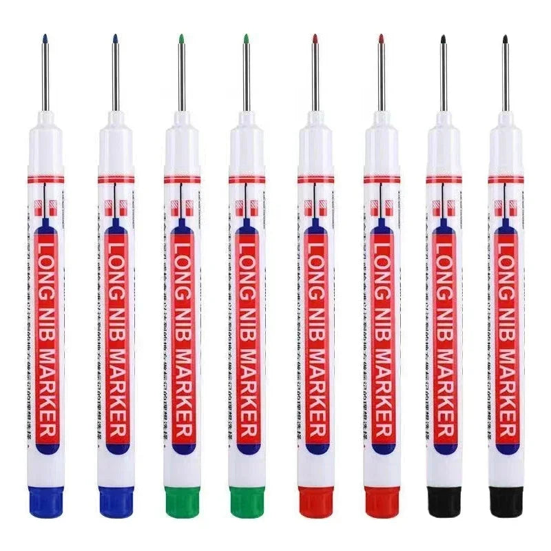 Eight long nib markers for deep holes used in metal and woodworking