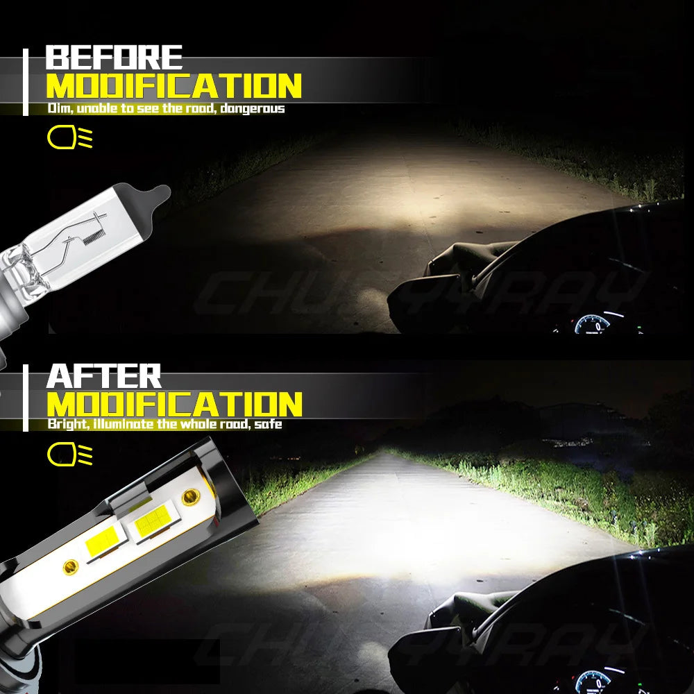 Before and after comparison of LED headlight modifications on a vehicle.