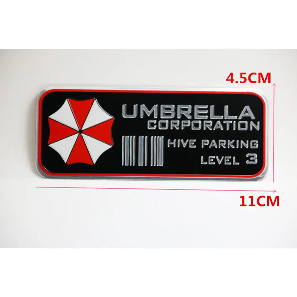 Black aluminum alloy honeycomb metal sticker with a red and white umbrella logo and text on it
