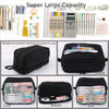 A large capacity fabric pencil case shown from various angles, displaying multiple pens and pencils.