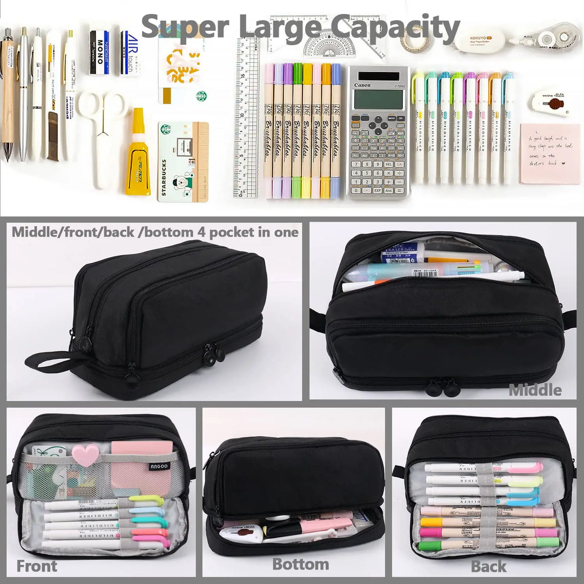 A large capacity fabric pencil case shown from various angles, displaying multiple pens and pencils.