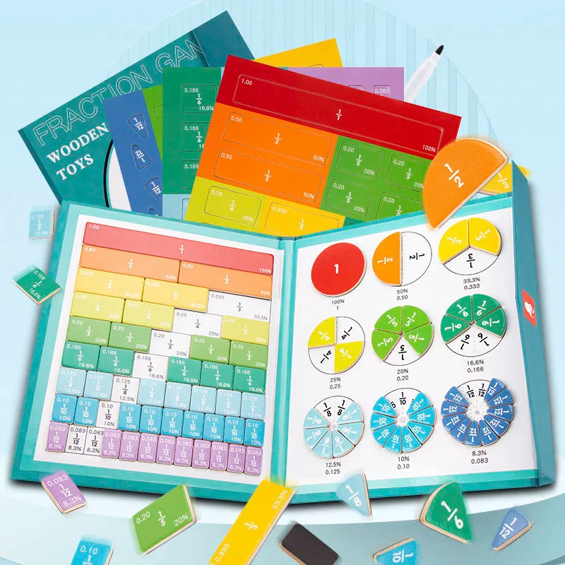 A colorful magnetic wooden fraction learning book with various colored blocks and fraction pieces.