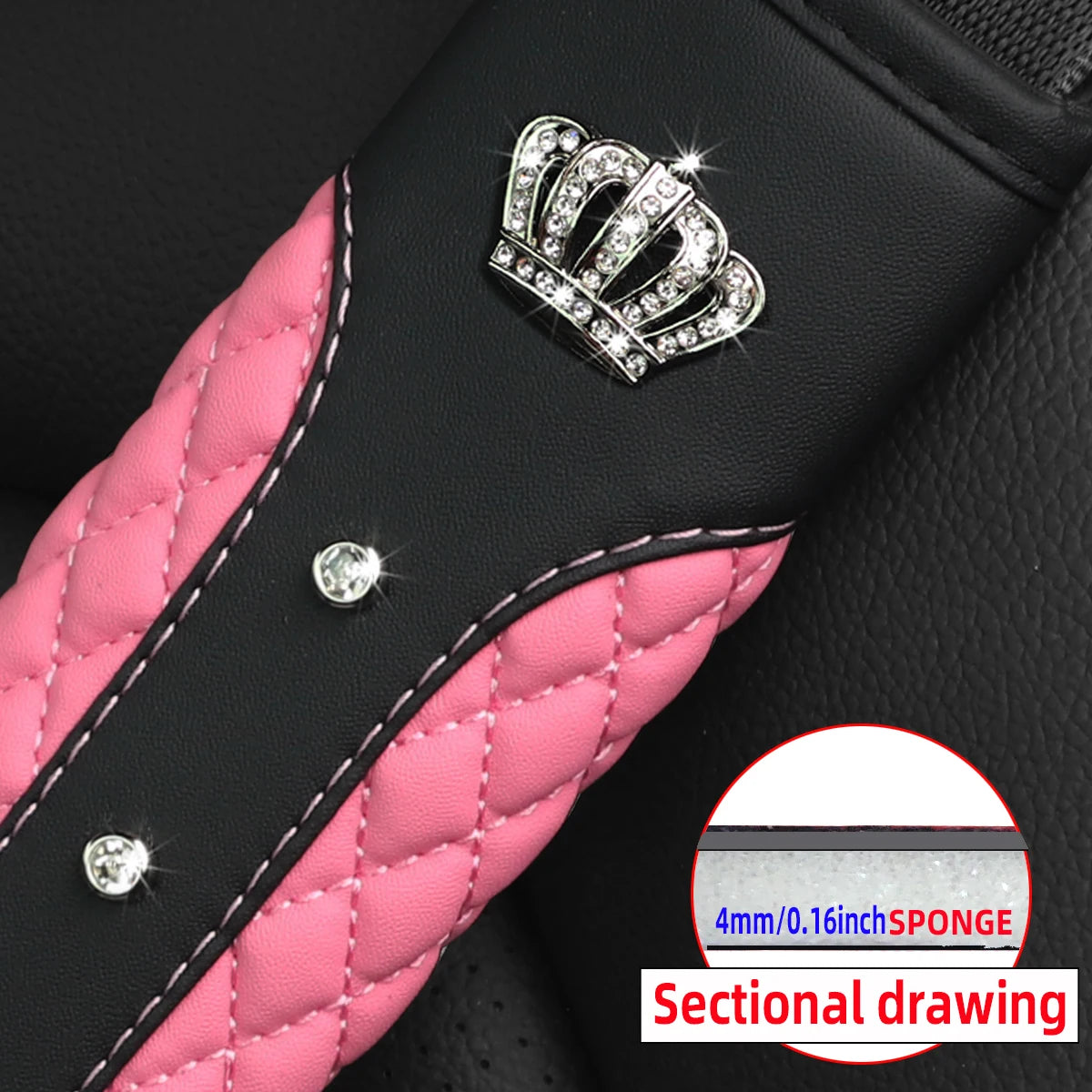 Black car seat cover featuring a pink quilted section and an embroidered crystal crown detail.