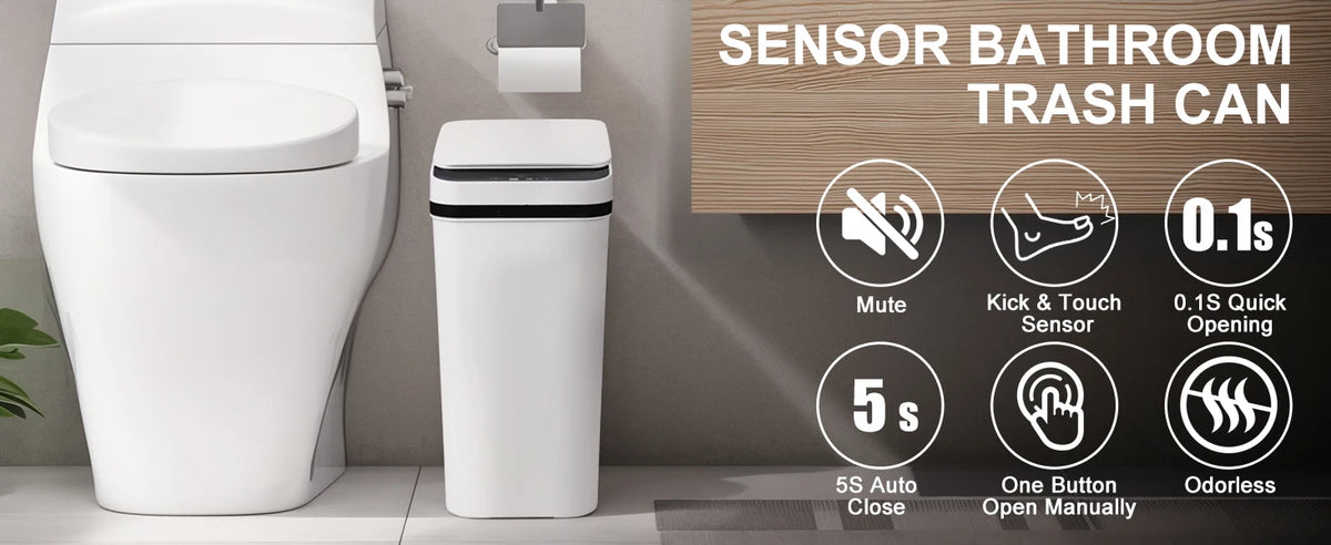 A white motion sensor bathroom trash can next to a toilet, highlighting its features like mute, kick & touch sensor, and auto