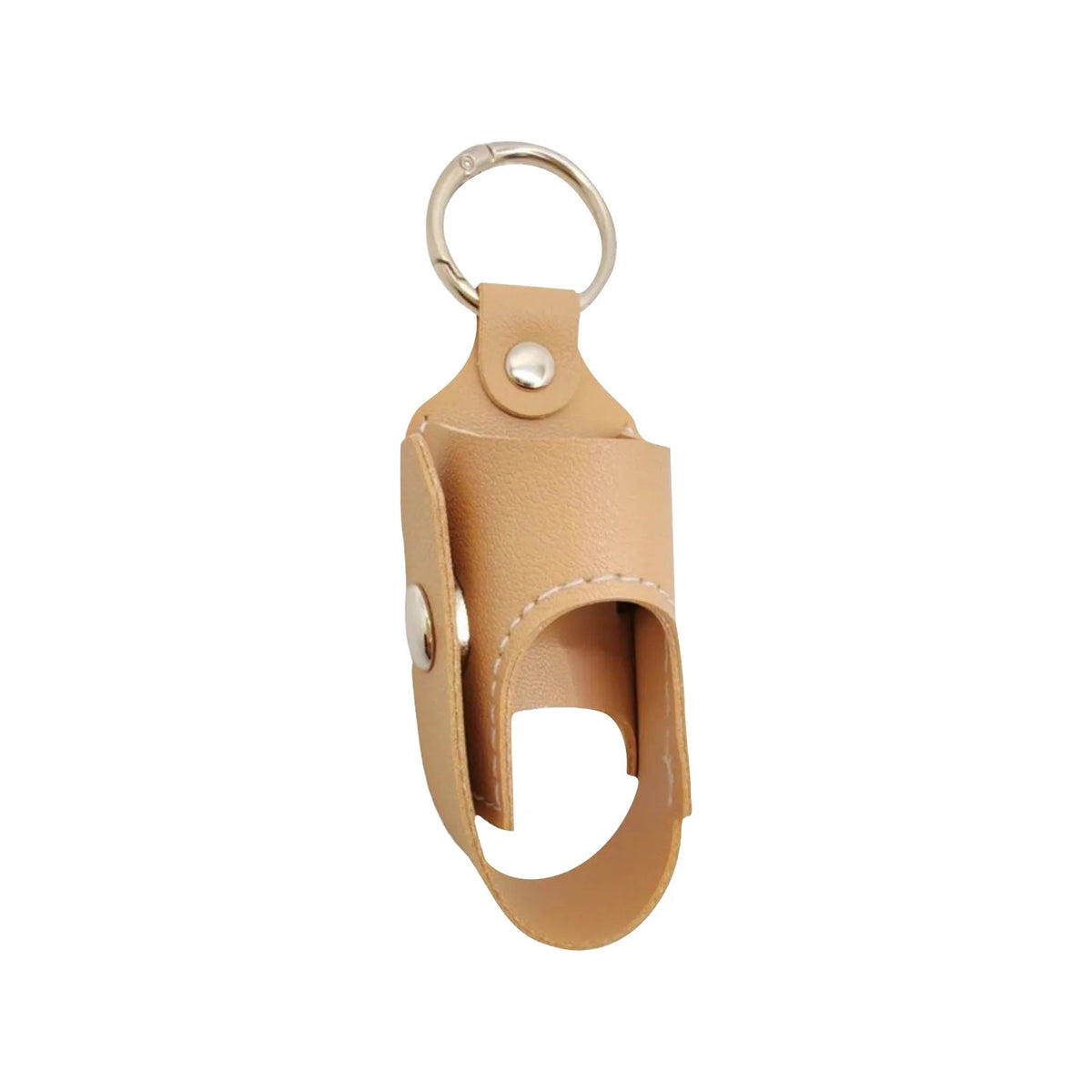 A tan PU leather inhaler case with a keyring attached.