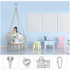 A set of heavy-duty stainless steel hardware for a ceiling mount hanging kit including various hooks and chains.