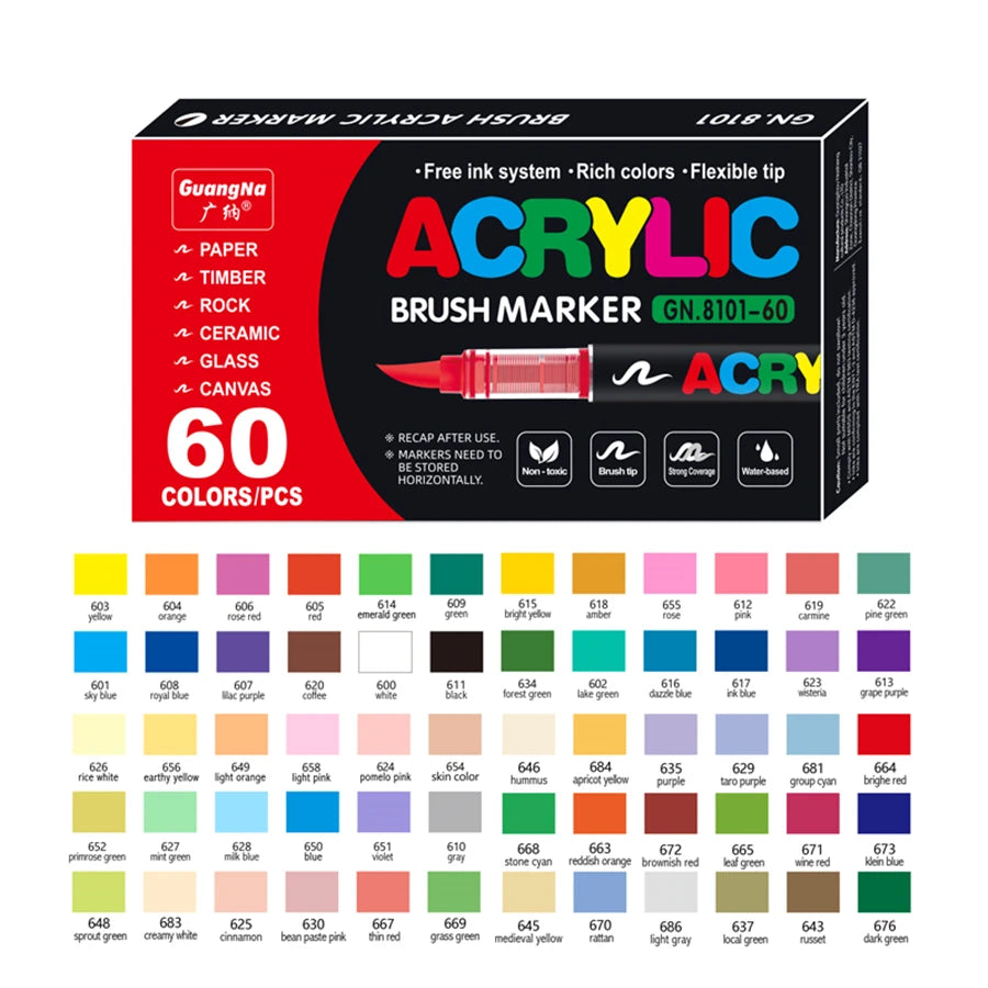 Karton mit 60 Acryl-Brush-Markern in verschiedenen Farben und Spitzen für verschiedene Oberflächen
