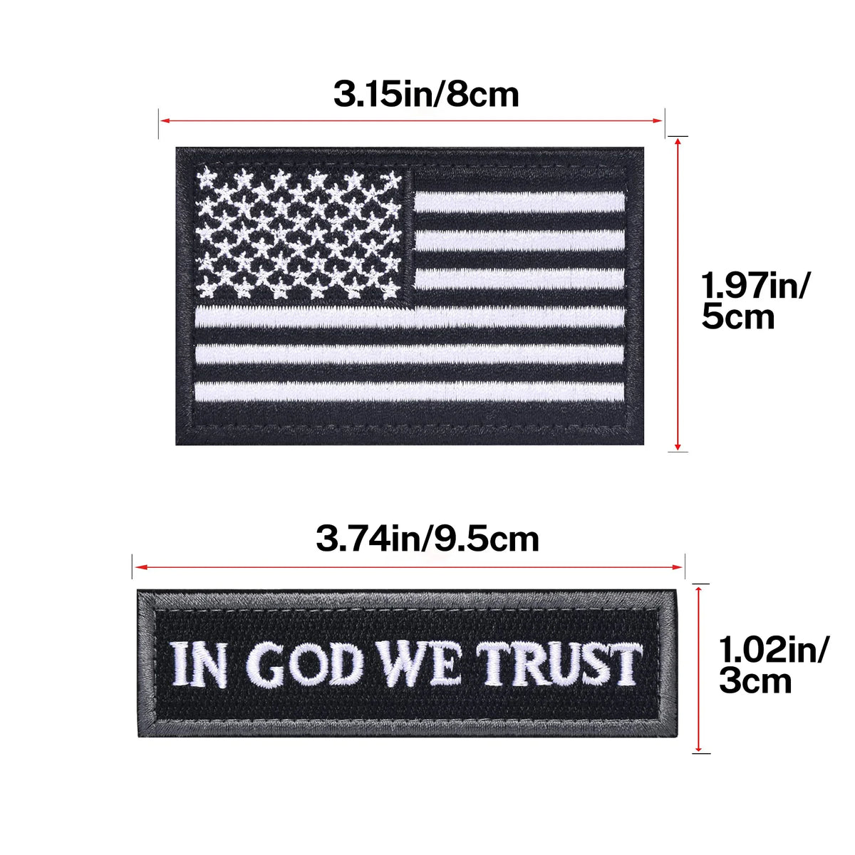Two embroidered patches featuring the American flag and the text In God We Trust