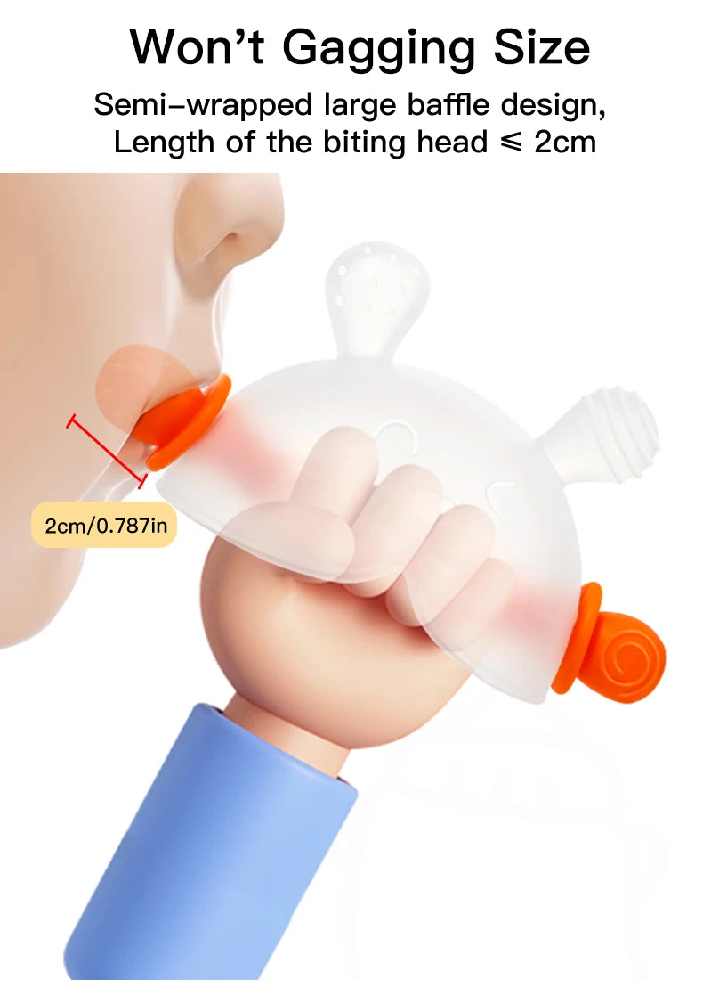 A hand holds a clear silicone bunny-shaped baby teether with an orange handle, demonstrating its size.