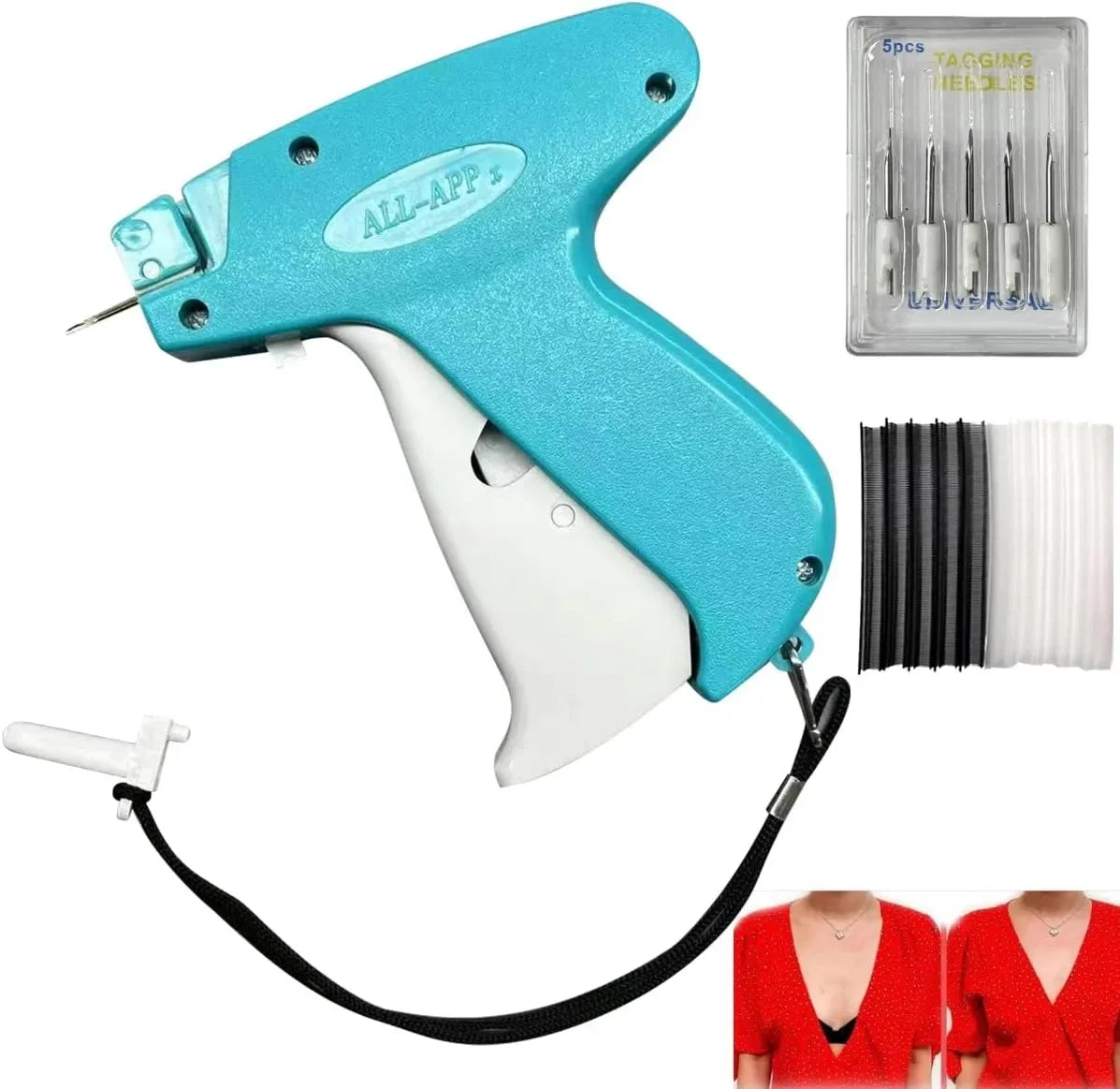A teal mini handheld stitch gun with a white handle and black cord, shown next to replacement needles.