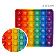 A colorful 12x12 grid of alphabet and number tiles used as a fidget toy for early learning