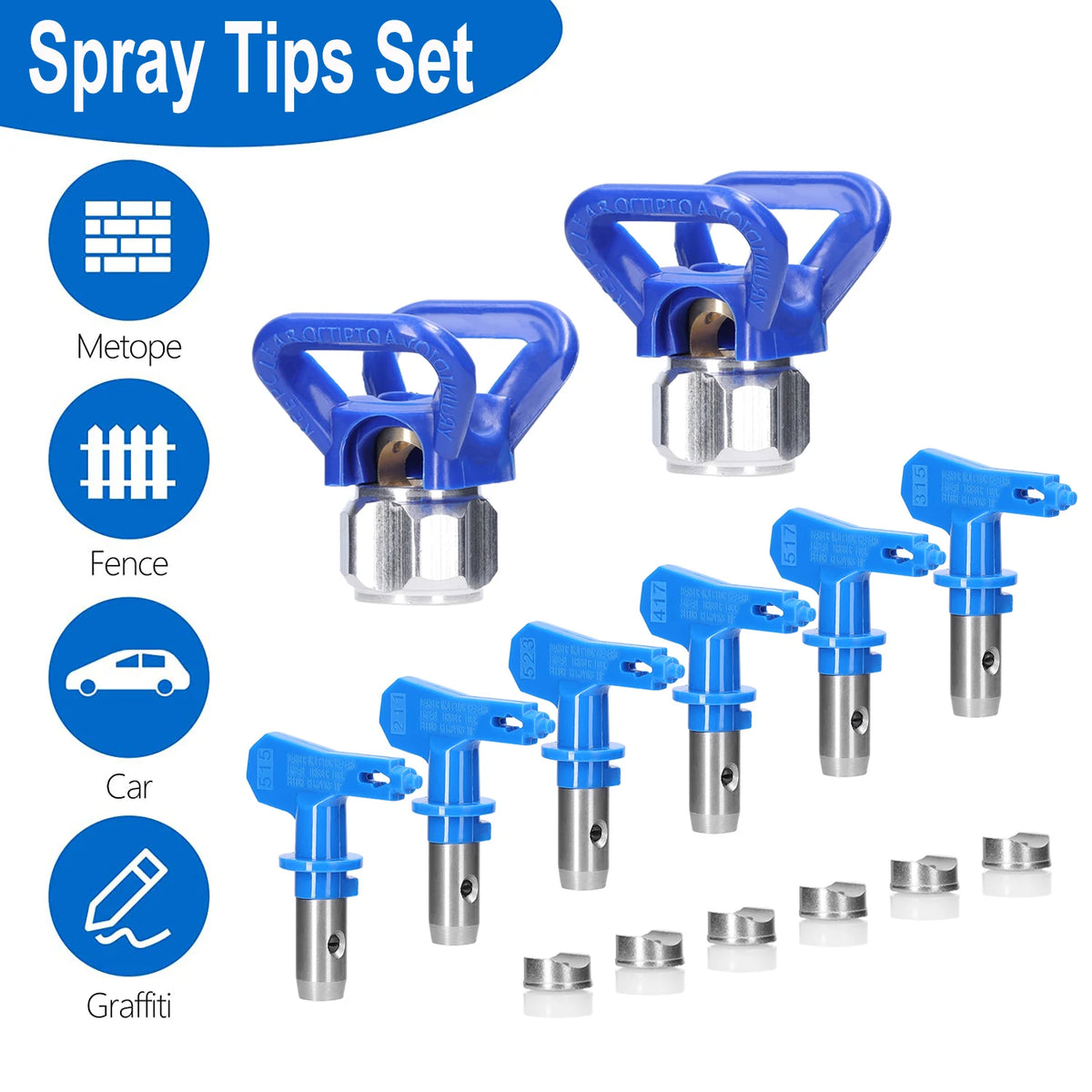 A set of blue paint spray tips for graffiti and other applications, including various nozzle types.