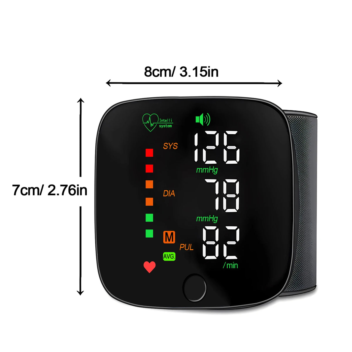 A black portable automatic wrist blood pressure monitor displaying a reading of 126/78 mmHg.