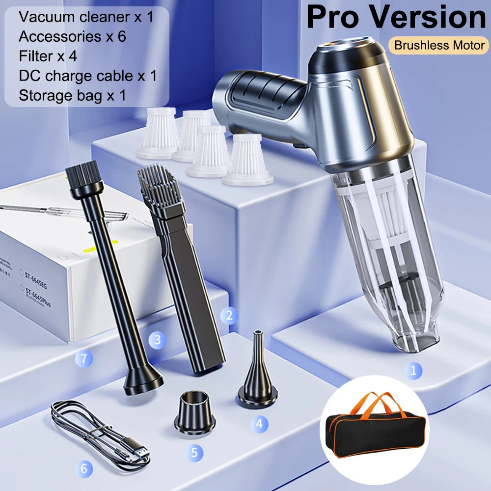 A silver cordless handheld vacuum cleaner Pro Version with accessories displayed on a white surface.