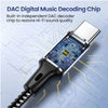 A silver USB-C to 3.5mm audio adapter featuring a built-in DAC chip, shown against a circuit board background.