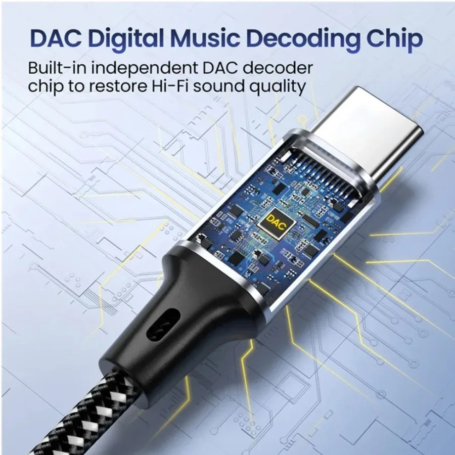 A silver USB-C to 3.5mm audio adapter featuring a built-in DAC chip, shown against a circuit board background.