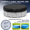 A round pool cover in black and white is shown with measurements for various pool sizes.