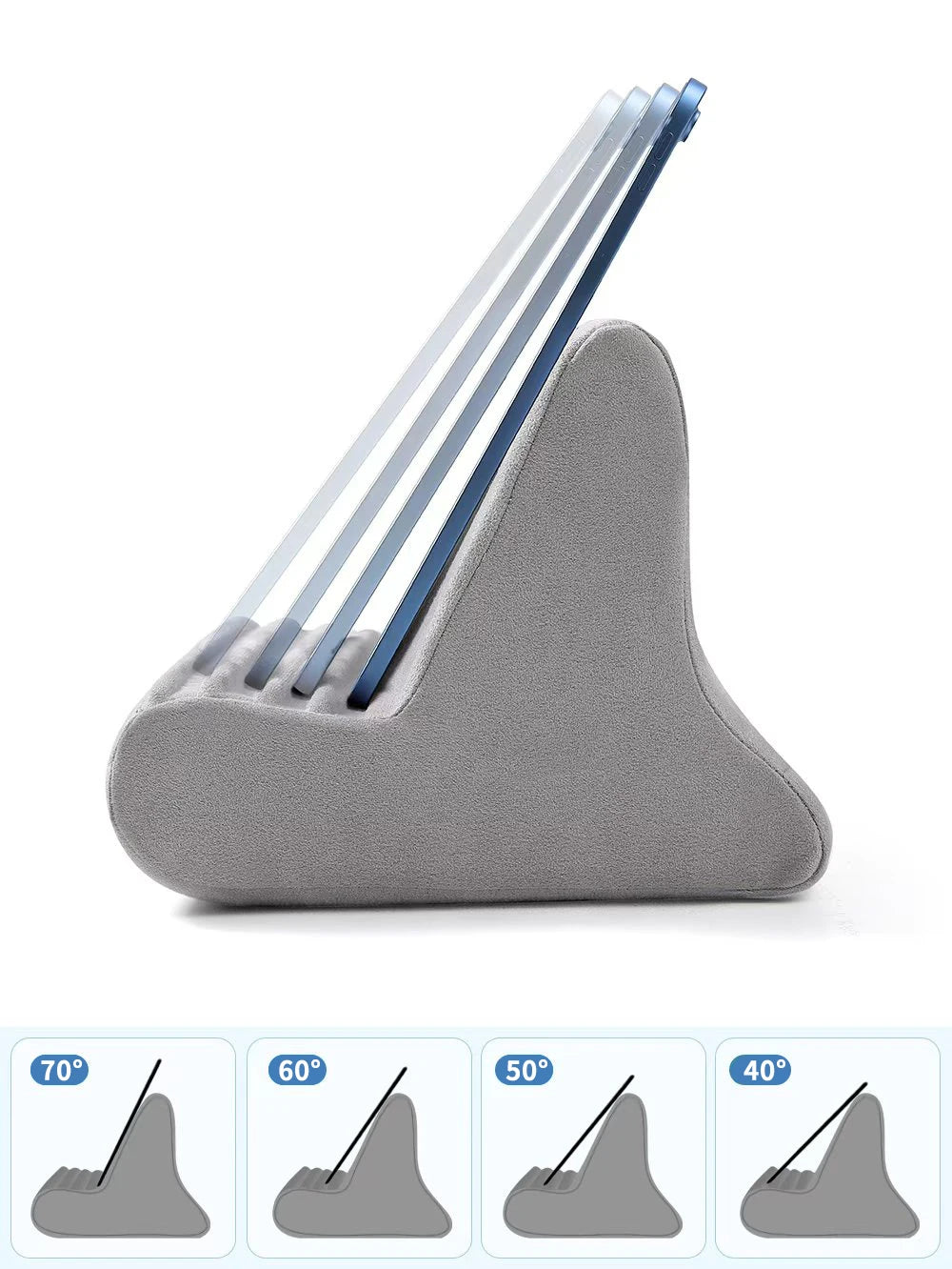 A gray adjustable comfort tablet and phone stand pillow with multiple angled supports.