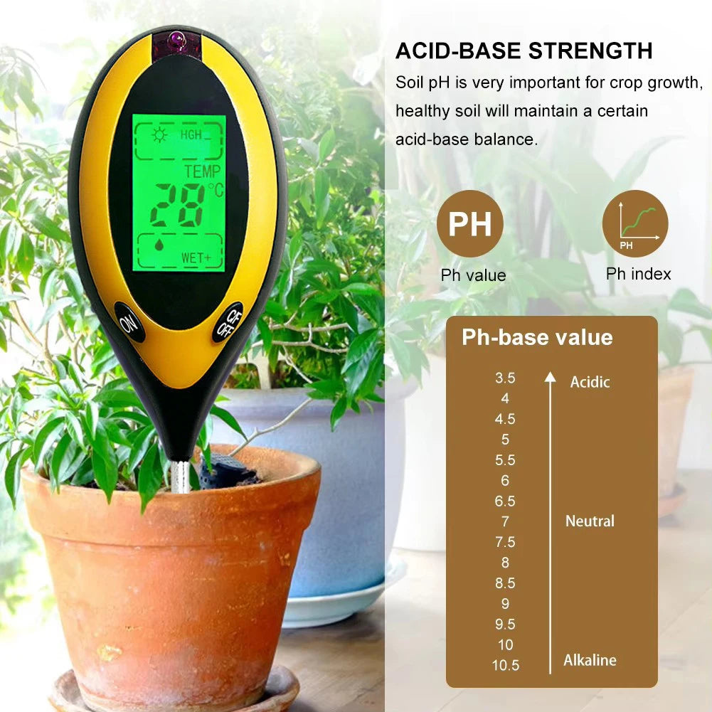 A yellow and black soil testing probe with a digital display measuring pH, temperature, and moisture in a potted plant.