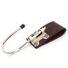 A brown leather tool holster featuring a steel J-hook for securing tools.