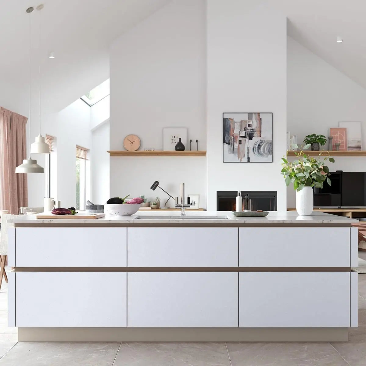 A modern kitchen featuring white cabinetry and a light countertop with a sink, set against a bright interior wall.