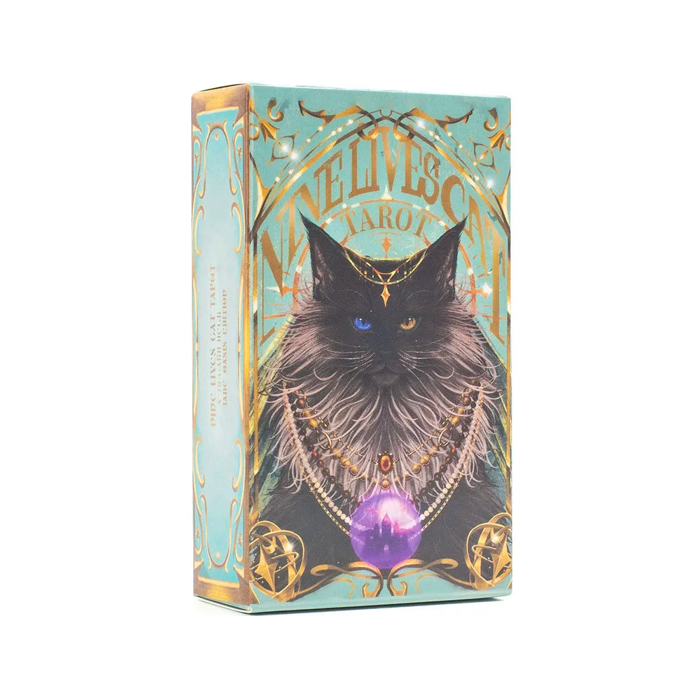 A box of a Classic Tarot Card Deck with Guidebook for Beginners featuring an illustration of a black cat.