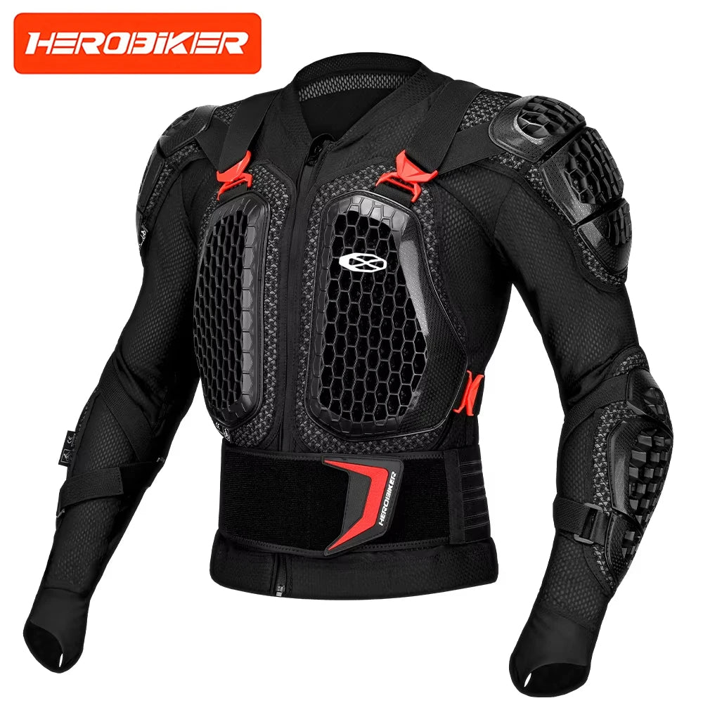 Black motocross armor jacket featuring chest and back protection with CE certification.