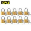 Ten mini copper padlocks with keys displayed in a row on a white background.