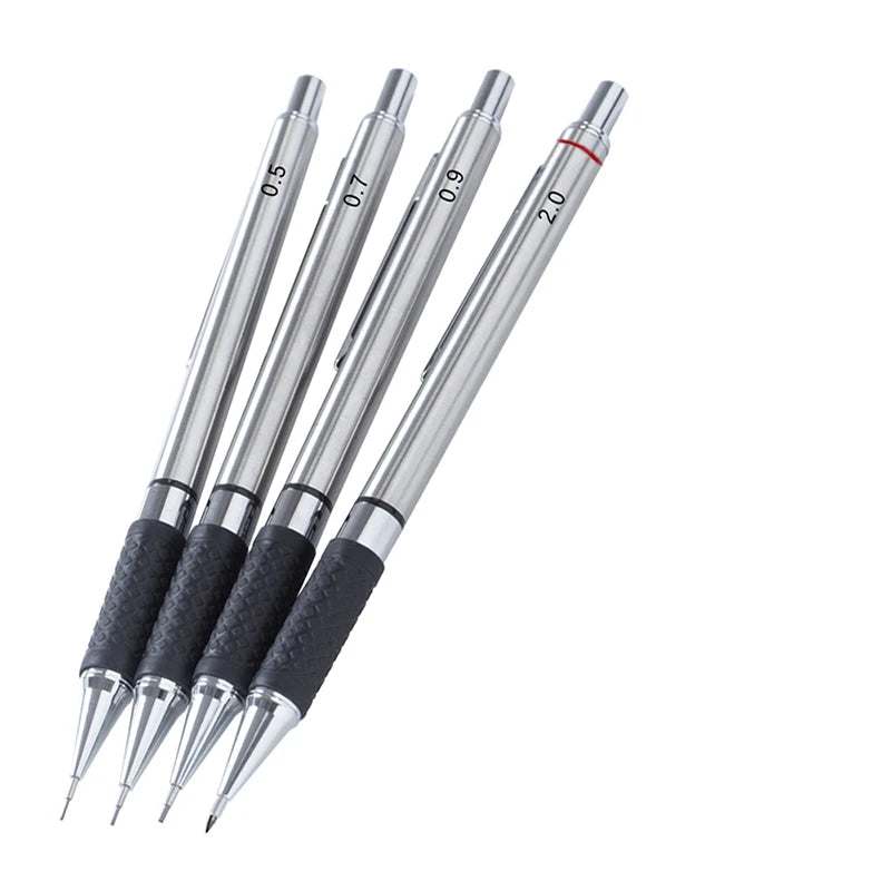 A set of professional metal mechanical pencils with various diameters and grips displayed diagonally.