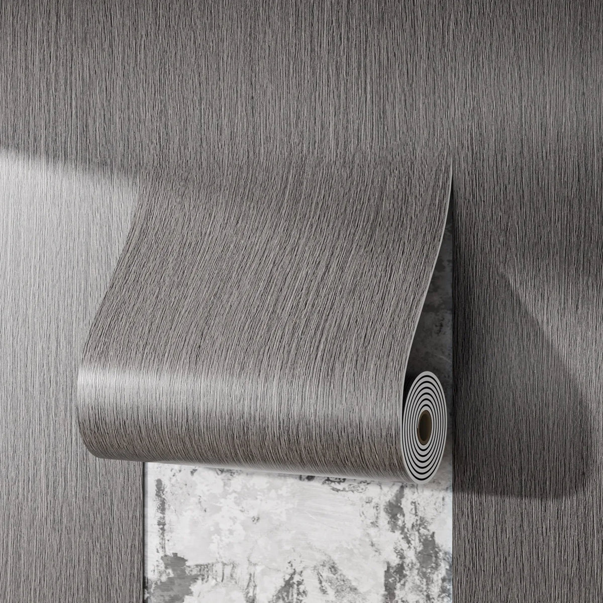 Roll of self-adhesive wood grain wall sticker with a textured surface and a piece of the sticker visible below.