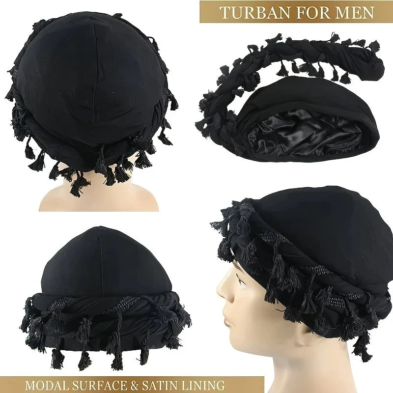 Black turban for men featuring a vintage twist design with black tassels and satin lining.