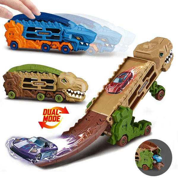 Juguete de camión de dinosaurio transformador con coche rojo y modo de vehículo verde.