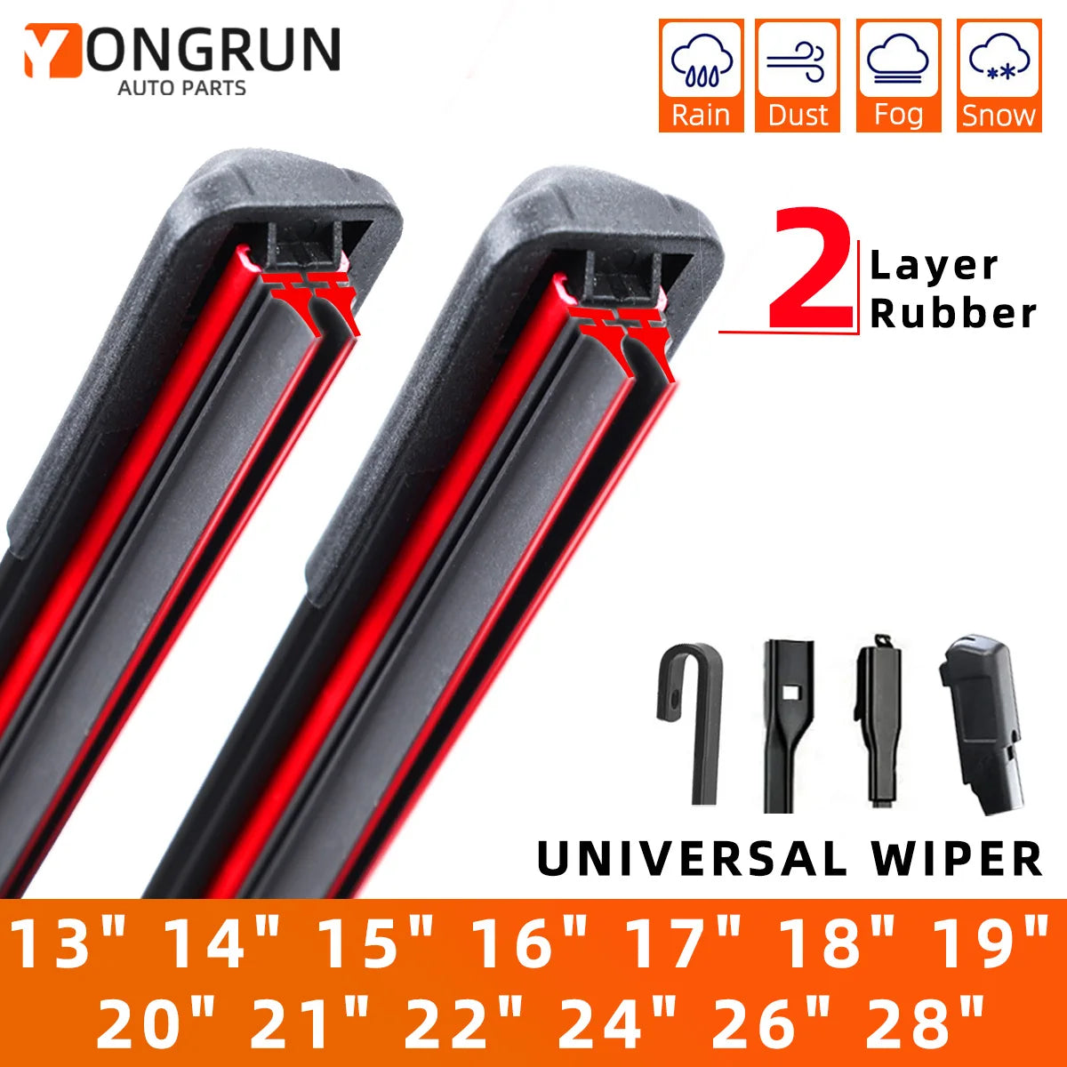 A pair of universal frameless wiper blades with dual rubber edges shown against a white background.