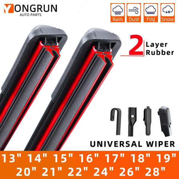 A pair of universal frameless wiper blades with dual rubber edges shown against a white background.