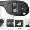 A black digital tire pressure gauge showing a LCD display, button, and hook.